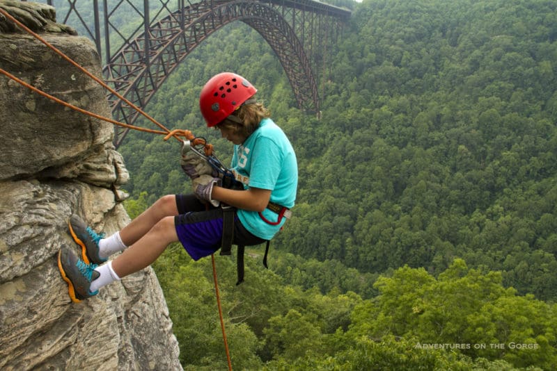 Young climber at New River Gorge, New River Gorge National Park and Preserve, Adventures on the Gorge