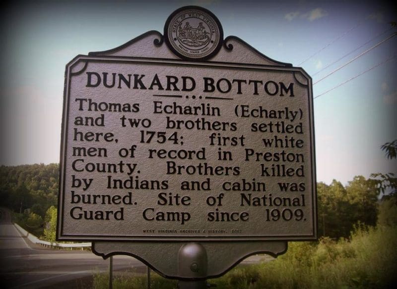 A historic marker along the Cheat River recalls the settlement of Dunkards in the mid-1700s.