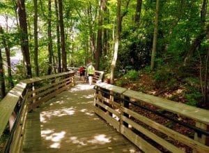 A boardwalk leads visitors from the Canyon Rim Visitor Center to views of the New River Gorge Bridge.