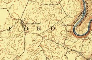 A historical map showing Frankford, W.Va., and the Greenbrier River.
