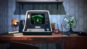 A desk featured in Fallout 76 includes a console reminiscent of the '70s and an early 20th-century fan.