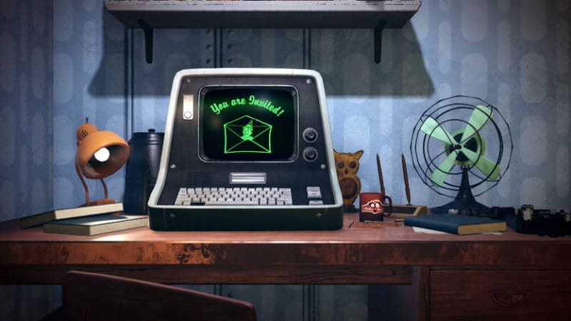 A desk featured in Fallout 76 includes a console reminiscent of the '70s and an early 20th-century fan.