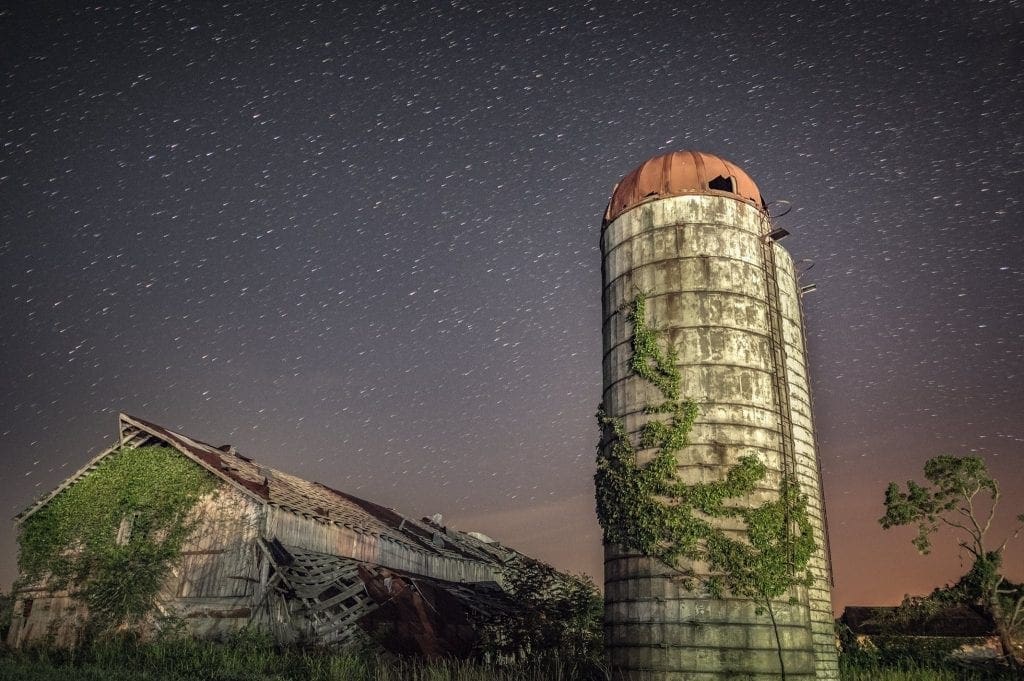Stars travel the sky above a barn near Apple Grove. 