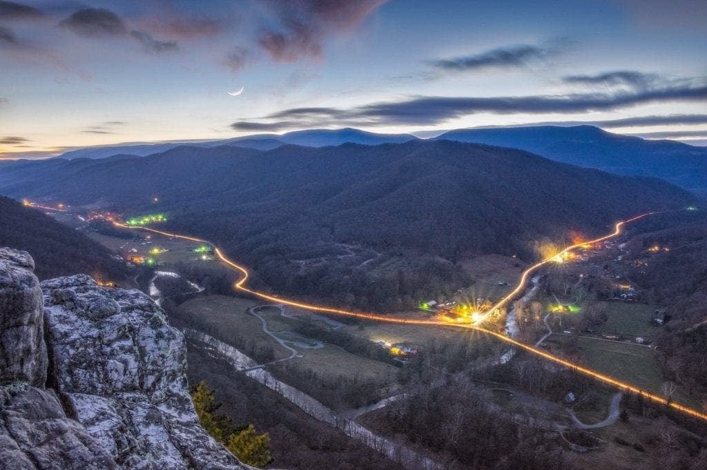 Headlights trace highways along Seneca Creek (upper right) and the North Fork of the South Branch. 