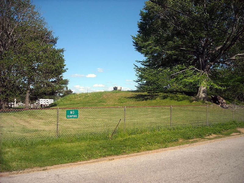 The Sunset Mound rises along the boundary of Sunset Cemetery in South Charleston, West Virginia.