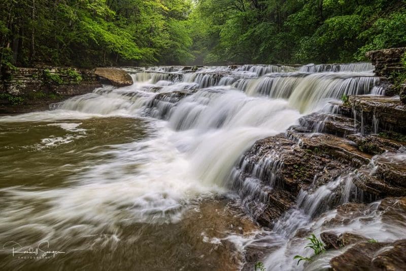 Campbell Falls, also at Camp Creek State Forest, drops through tiers, as revealed by Randall Sanger.