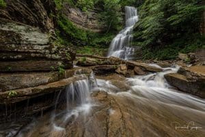 Cathedral Falls drops over sandstone ledges on its descent to the New River near Gauley Bridge, West Virginia.
