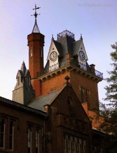 Ornate details are revealed in the central tower at Old Main in Bethany, West Virginia.