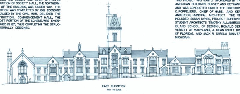 A detail from an architect's sketch of Old Main reveal symmetry and asymmentry.