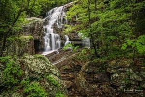 The lower falls of Fern Creek tumble through boulders along the lower wall of the New River Gorge near Fayette Station, West Virginia.
