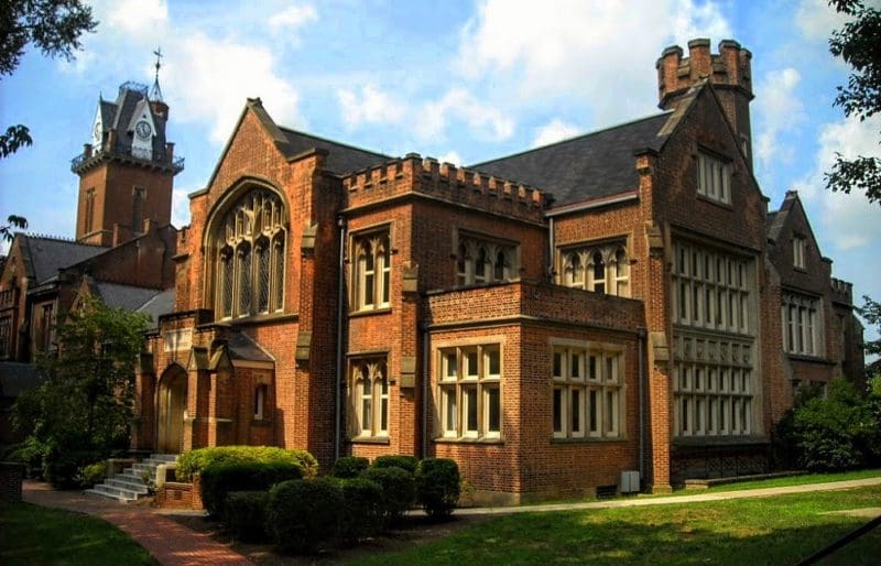 Castellated walls highlight the north wing of Old Main at Bethany College at Bethany, West Virginia (WV).
