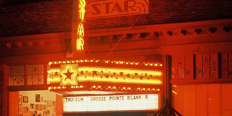 Historic Movie Theaters in West Virginia: The marquee over the Star Theater in Berkeley Springs, West Virginia, glows in the Potomac night.