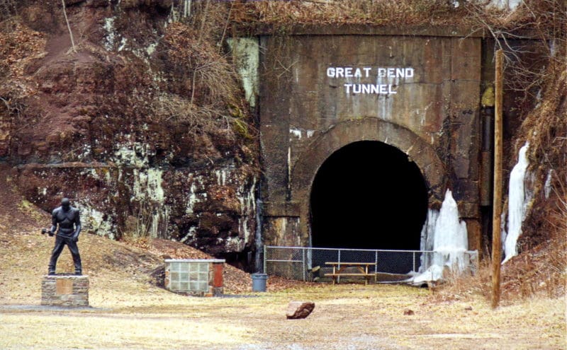 A statue of folk-hero John Henry has moved move to the east portal of the Big Bend Tunnel near Talcott, West Virginia (WV).