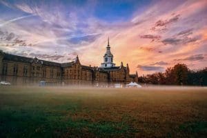 Mist gathers around the Trans-Allegheny Lunatic Asylum on the West Fork River in Weston, West Virginia.