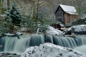 Glade Creek wanders through a snowy hollow at Babcock State Park. Photo courtesy Rick Burgess.
