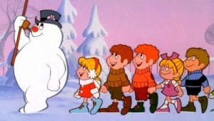 Frosty the Snowman leads children in the 1969 animated Christmas television special. (Photo still courtesy Rankin/Bass Productions)