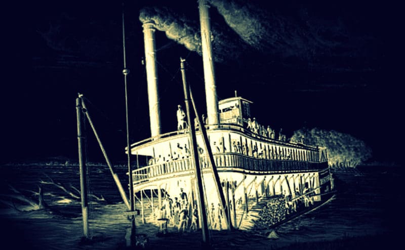 Artist's conception of wreck of steamboat Rebecca at Parkersburg in 1869.