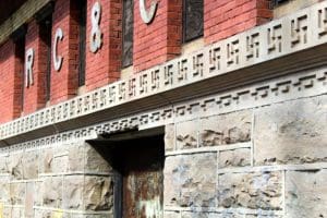 A close-up of swastika emblems on this building in Raleigh, West Virginia, reveals other architectural details.