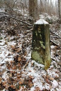 The monument that establishes the northern panhandle of West Virginia rises from a pile of brush.