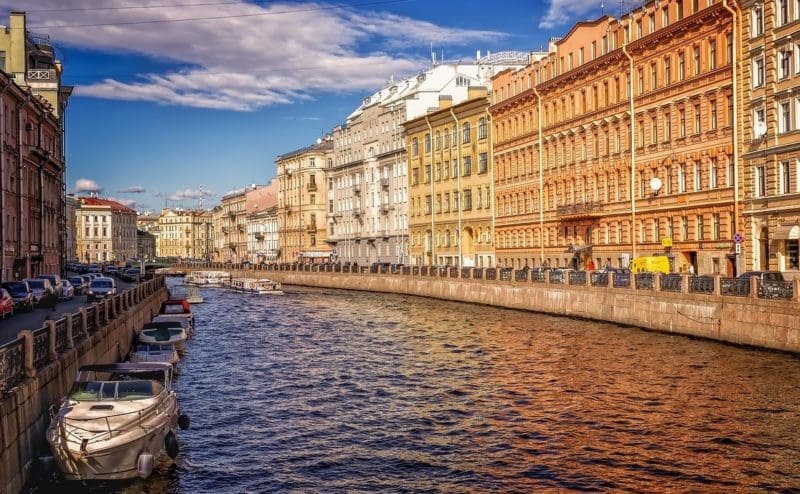 Boats Line Canal In Saint Petersburg