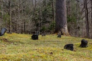 Fieldstones mark graves in the cemetery at Adair, West Virginia, on the Buffalo Creek and Gauley Railroad.