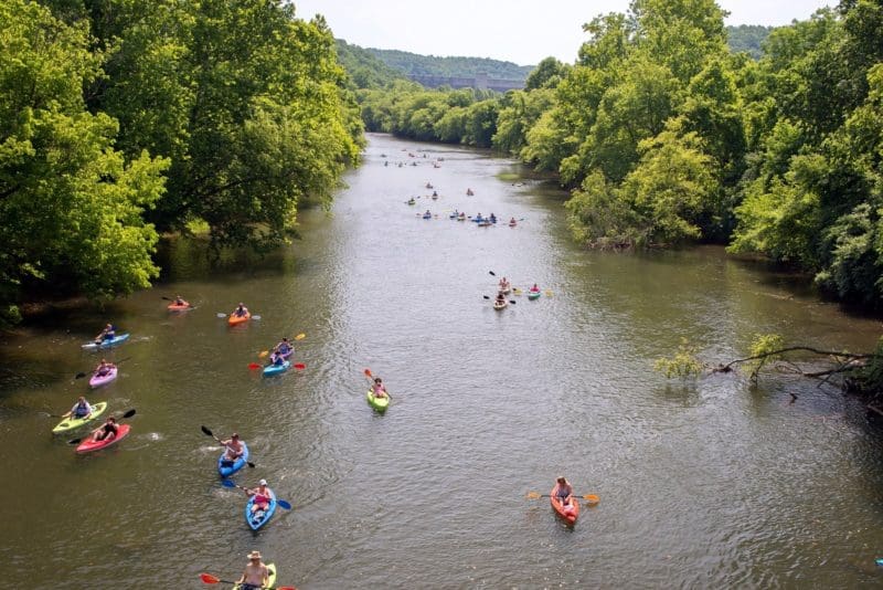 Paddlers float the Elk River below Sutton Dam. Courtesy Braxton County Convention and Visitors Bureau.