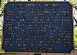 A historic marker tells the story of the Point of Beginning at the tip of northern West Virginia.