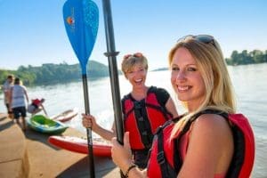 Kayakers gather along the Ohio River at Point Park at Parkersburg, West Virginia.