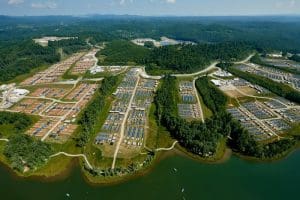 Basecamps Charlie (blue tents) and Delta (orange) extend across the James C. Justice National Scout Camp at the Bechtel Summit Reserve. (Photo Gary Hartley)