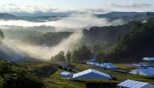 Fog rises in early morning at the Summit Bechtel Reserve.