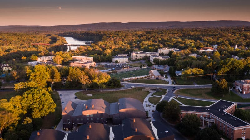 The summer sun sets over the campus of Shepherd University at Shepherdstown, West Virginia.