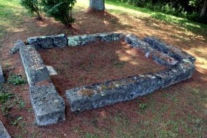 Seven Confederate soldiers killed in the Battle of Bulltown were reinterred in this common grave by Milton Butcher, who later owned the farm on which the battlefield is located.