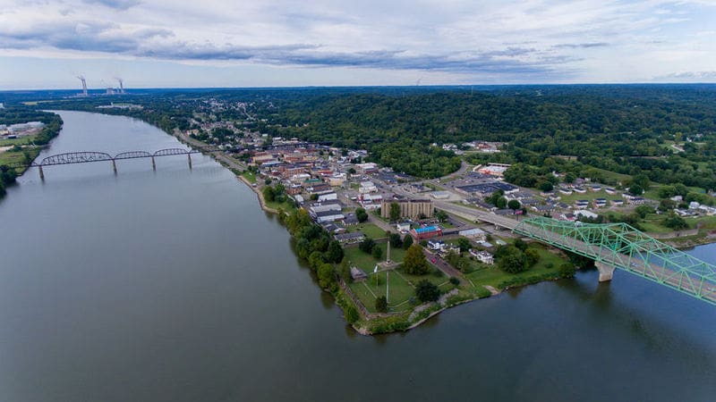 The community of Point Pleasant extends into the distance from the junction of the Ohio (left) and Kanawha (right) rivers.