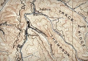 A topographic map shows the hills and ridges around Fireco, West Virginia, in the 1930s.