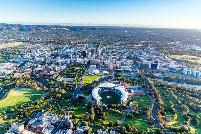 Adelaide, Australia, extends toward the Mount Lofty Ranges.