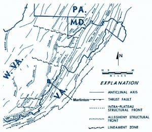 Faults and anticlines follow the trend of the Appalachians through West Virginia.