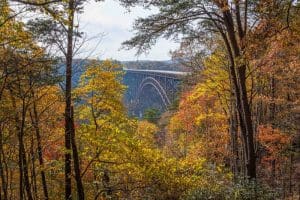The New River Gorge Bridge arches across the forest near Fayetteville in Fayette County.