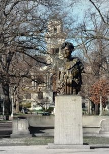A bronze statue of Tecumseh stands in front of the U.S. Naval Academy.