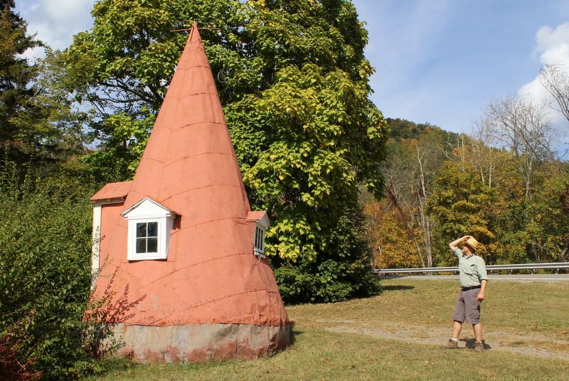 Dave Sibray surveys the curious cone on Elk Mountain, a roadside attraction along U.S. 219 in Pocahontas County.