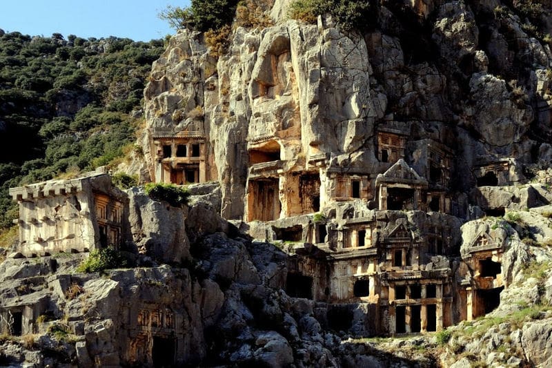 The rock tombs at Myra, Turkey, climb into the hills that overlook the Mediterranean Sea.