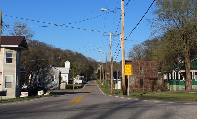 Main Street in Leon, West Virginia, parallels the lower section of Thirteen Mile Creek.