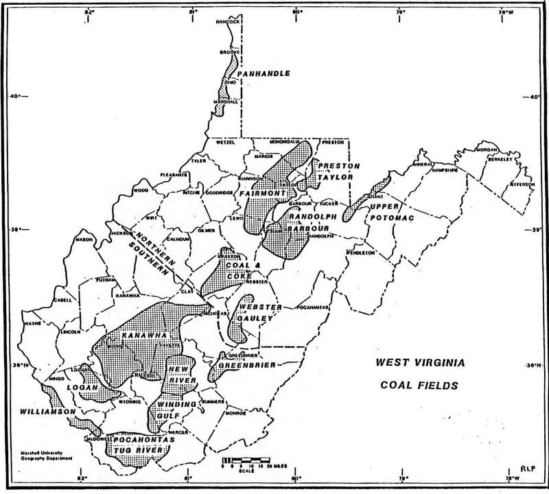 Map of coal fields of northern and southern West Virginia.