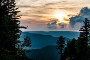 The sun sets over the Allegheny Mountains as seen from Snowshoe Mountain.