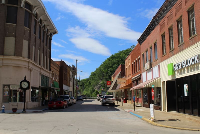 Main Street in Clendenin, West Virginia, looks toward the Elk River.
