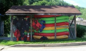 Kayaks await renters in downtown Clendenin.