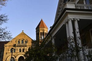 The tower on Stewart Hall overlooks the downtown campus at West Virginia University at Morgantown, WV.