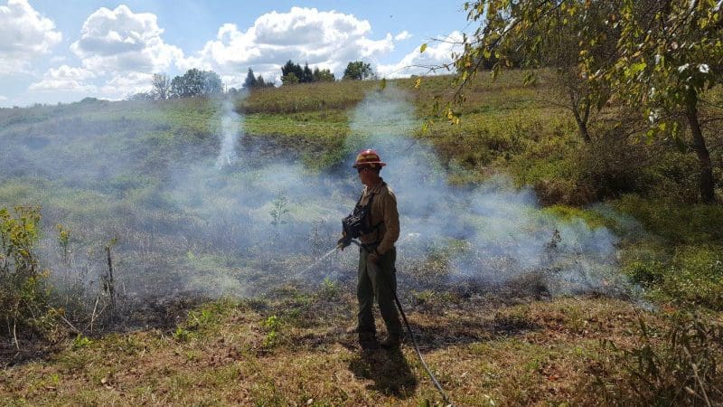 A member of the fire management team at Grandview tends a prescribed burn.