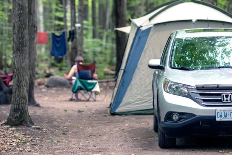 Campers gather in a campground in the New River Gorge National Park.
