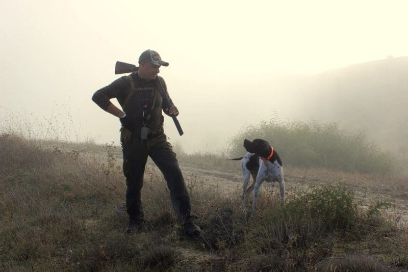 A hunter and his hound venture out on a misty morning hunt.