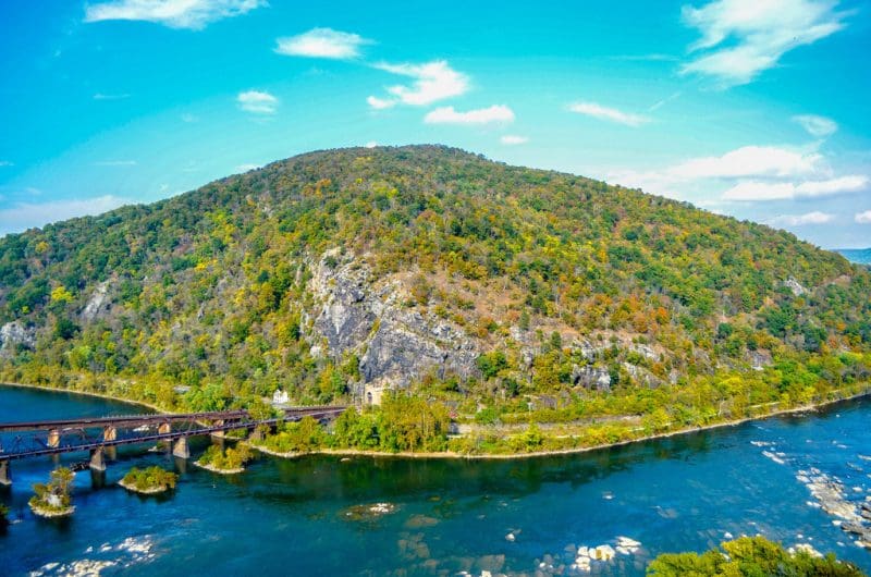 Maryland Heights, rises above the Potomac River near Harpers Ferry, West Virginia.